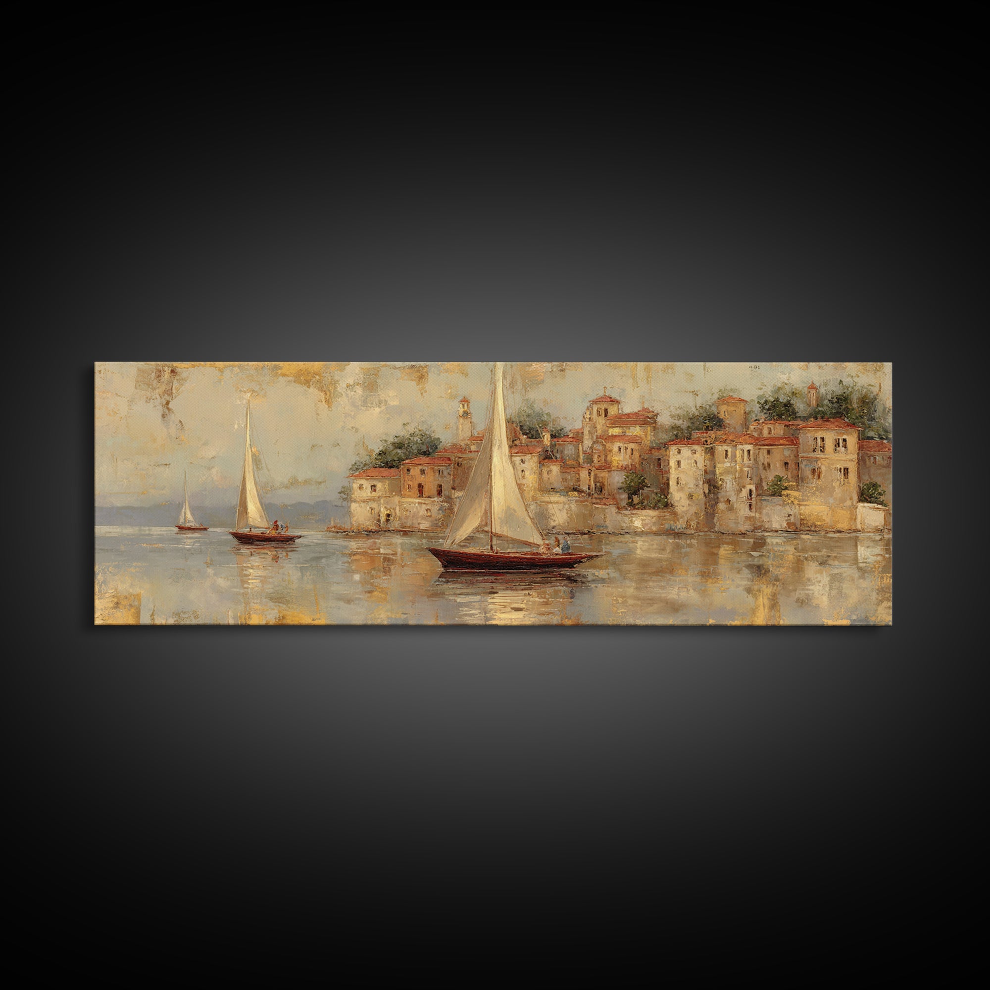 Mediterranean Sailboat on Glassy Water Framed Canvas Print, Mediterranean Art, Printable Art, Living Room Decor, Azure, MAR-3x1-58