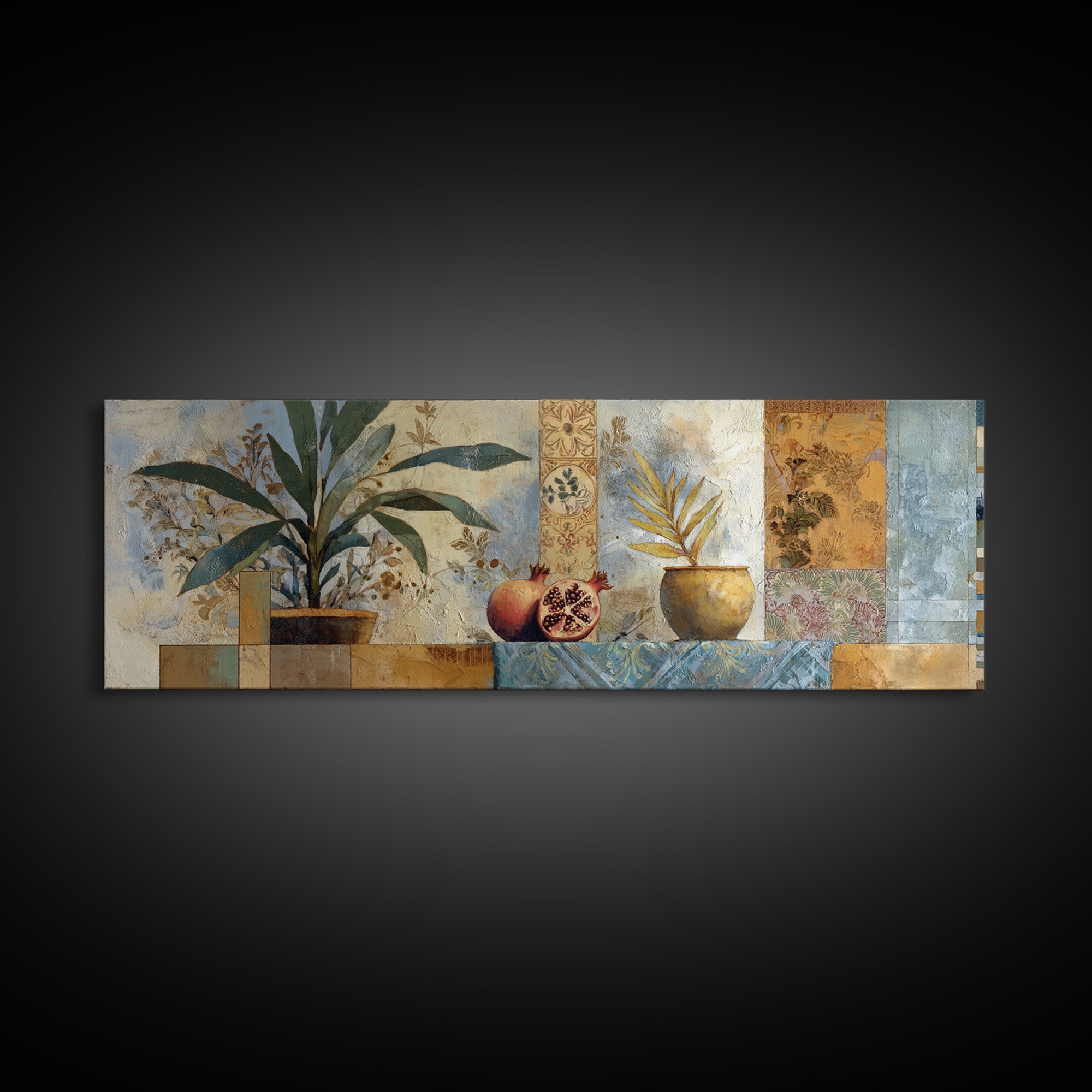 Pomegranate Still Life Framed Canvas Print, Mediterranean Art, Textured Painting, Living Room Decor, Fine Art, Azure, MAR-3x1-59