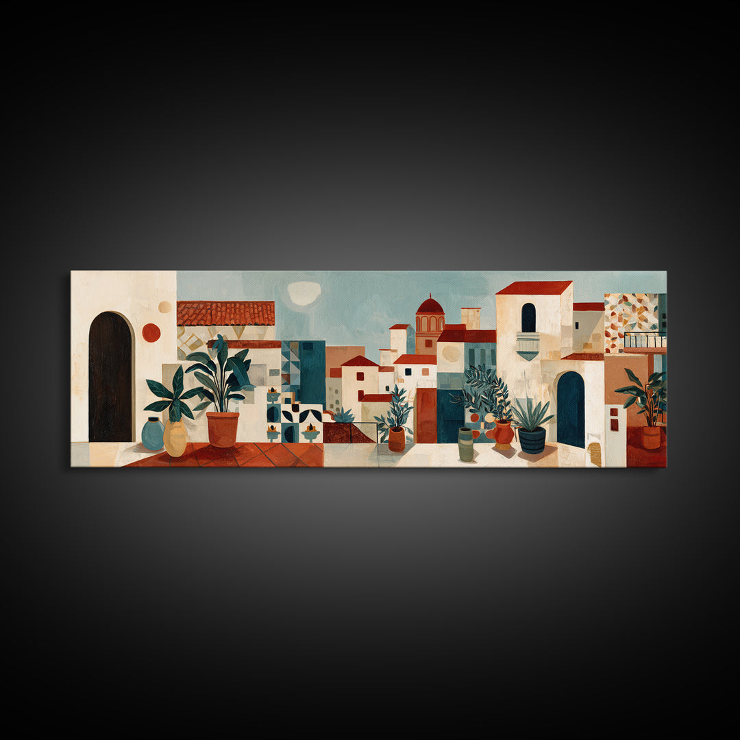 Sunset over Red Tiled Rooftops Framed Canvas Print, Mediterranean Art, Boho Decor, Living Room Decor, Fine Art, Azure, MAR-3x1-63