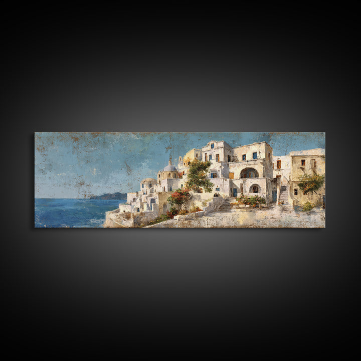 Greek Island White Buildings Above Blue Sea Canvas Print, Mediterranean Art, Coastal Wall Art, Living Room Decor, MAR-3x1-65