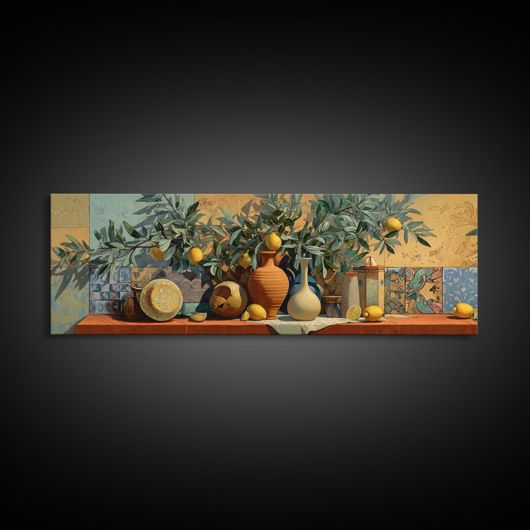 Olive Branch and Lemons on Terracotta Ground Canvas Print, Mediterranean Art, Farmhouse Decor, Living Room Decor, MAR-3x1-66