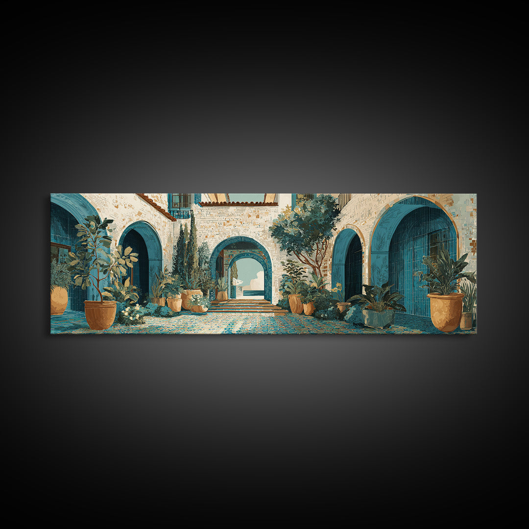 Mediterranean Arch Framing Ocean Horizon Framed Canvas Print, Mediterranean Art, Digital Wall Art, Living Room Decor, Azure, MAR-3x1-67