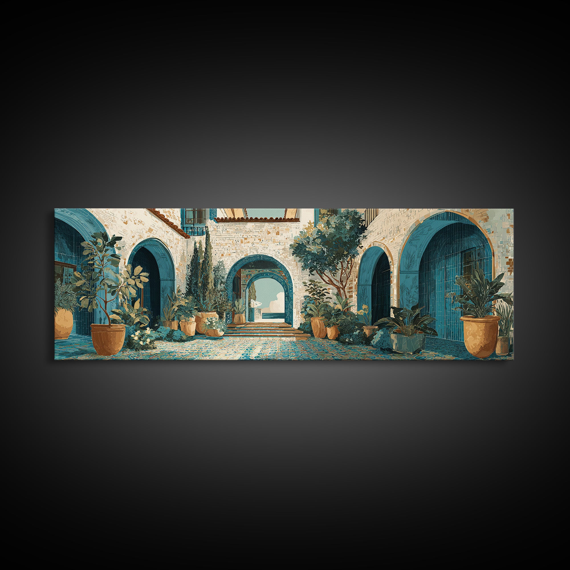 Mediterranean Arch Framing Ocean Horizon Framed Canvas Print, Mediterranean Art, Digital Wall Art, Living Room Decor, Azure, MAR-3x1-67