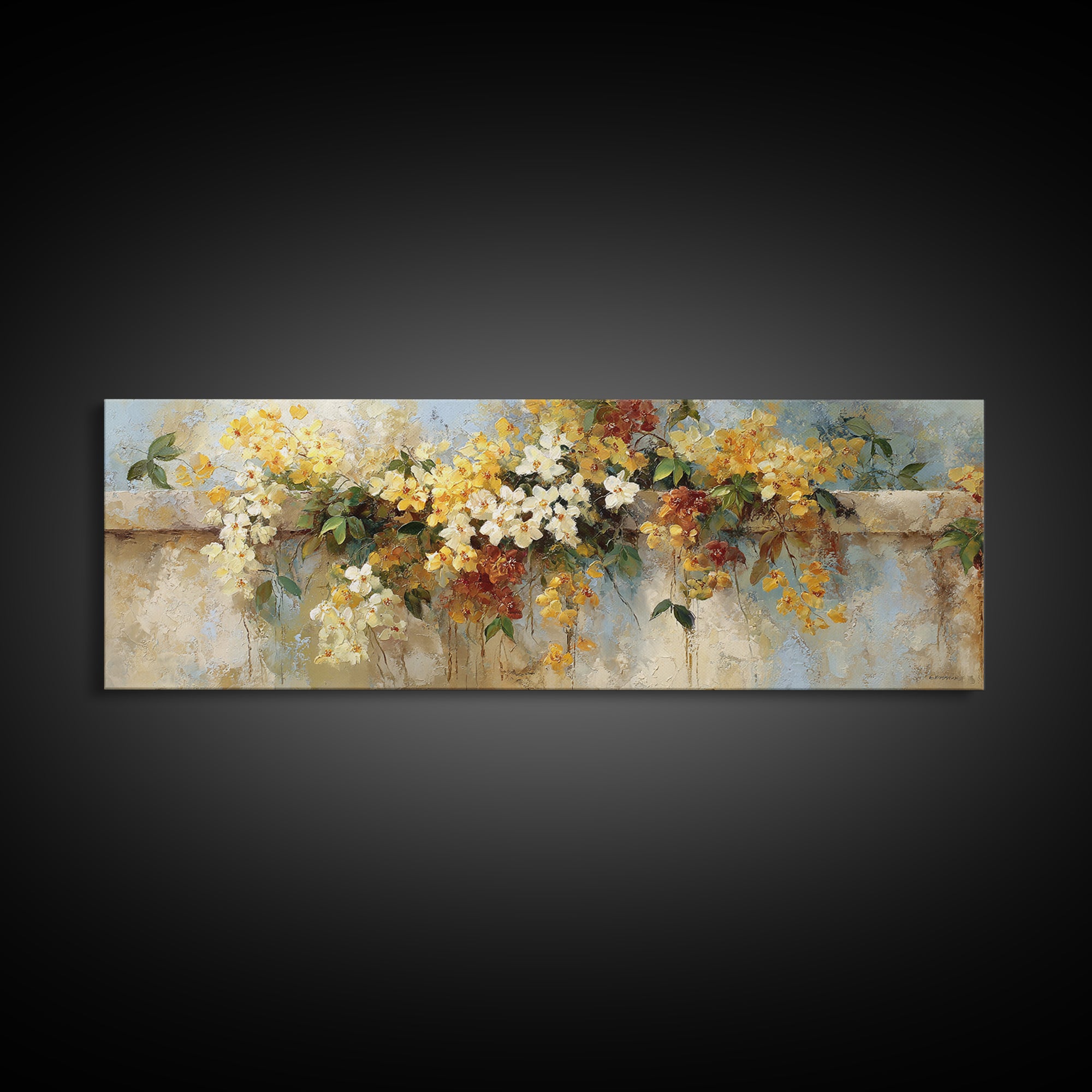 Bougainvillea Cascading over Stone Wall Framed Canvas Print, Mediterranean Art, Digital Art Prints, Living Room Decor, Azure, MAR-3x1-69