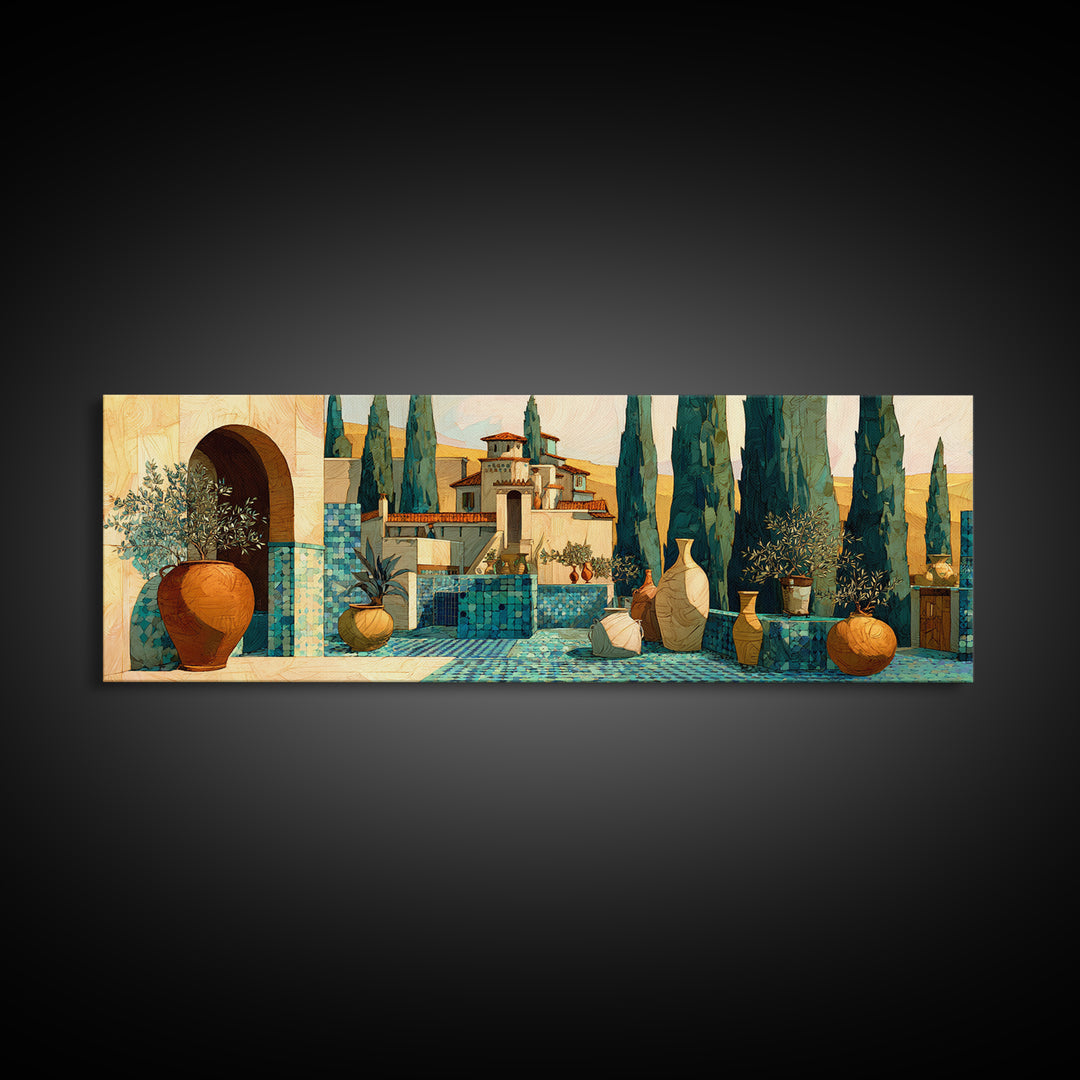 Tuscan Cypress Trees and Golden Hillside Canvas Print, Mediterranean Art, Modern Decor, Living Room Decor, Oil Painting, Azure, MAR-3x1-70