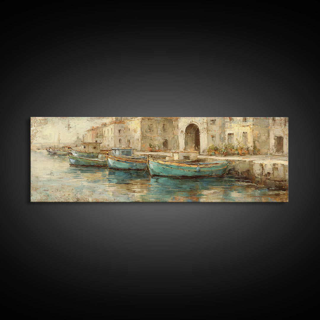 Coastal Fishing Boats Canvas Print, Mediterranean Art, Large Wall Art, Living Room Decor, Fine Art, Azure, Digital Art Prints, MAR-3x1-71
