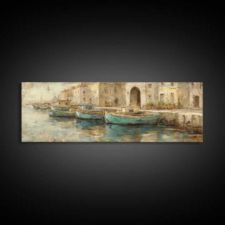 Coastal Fishing Boats Canvas Print, Mediterranean Art, Large Wall Art, Living Room Decor, Fine Art, Azure, Digital Art Prints, MAR-3x1-71