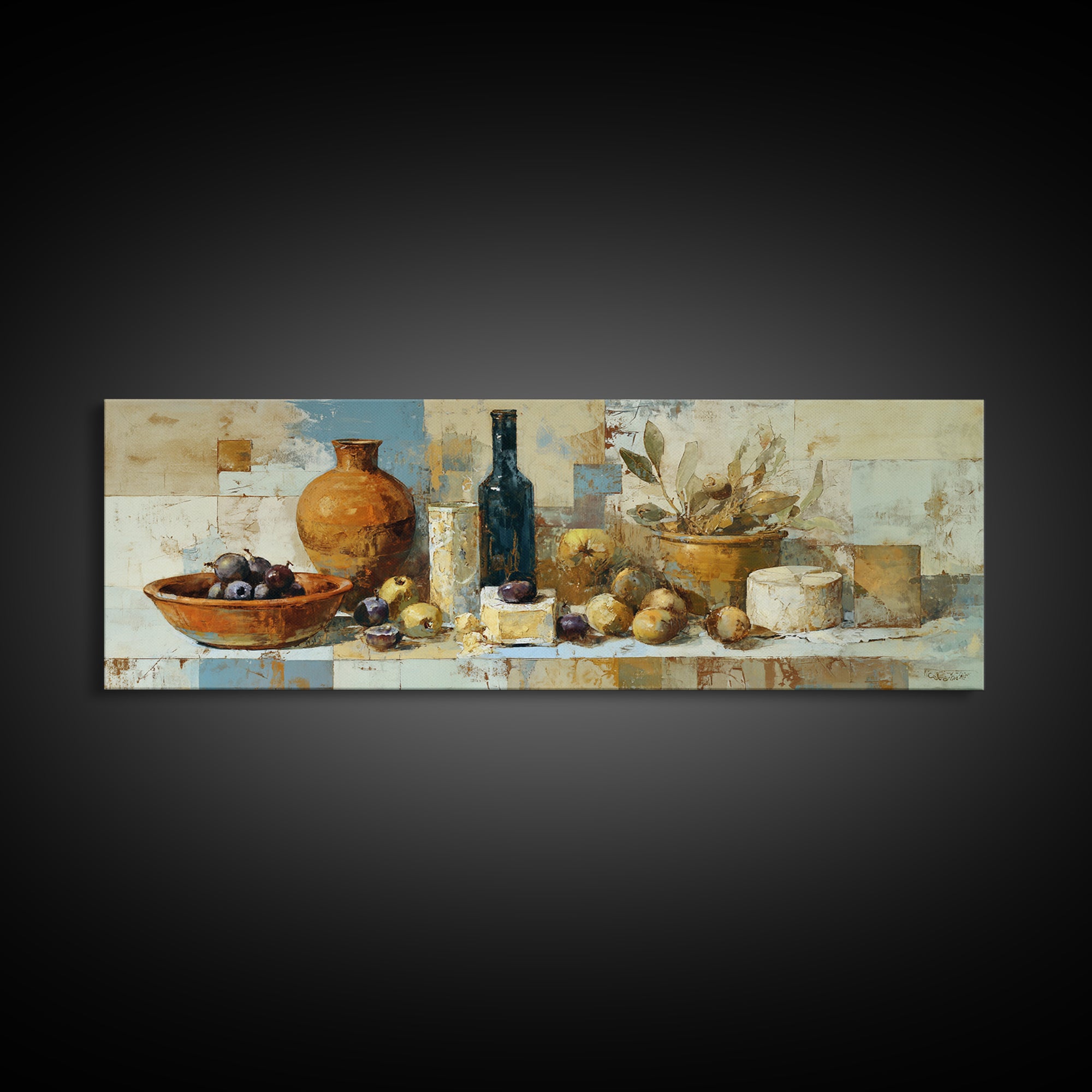 Figs Olives and Cheese Still Life Framed Canvas Print, Mediterranean Art, Minimalist Decor, Living Room Decor, Fine Art, Azure, MAR-3x1-72