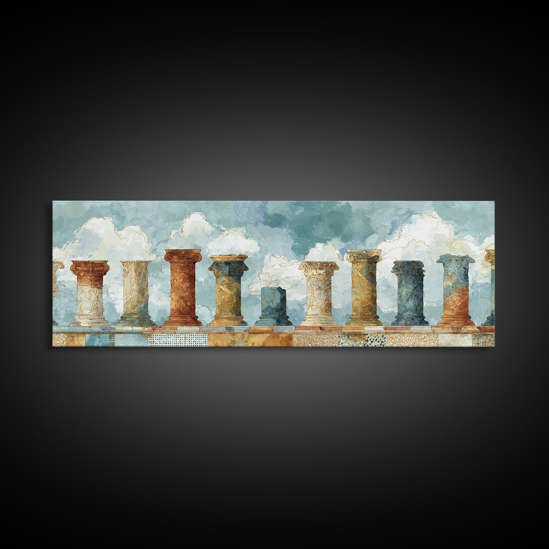 Ancient Column with Sea and Sky Beyond Canvas Print, Mediterranean Art, Contemporary Art, Living Room Decor, Fine Art, Azure, MAR-3x1-76