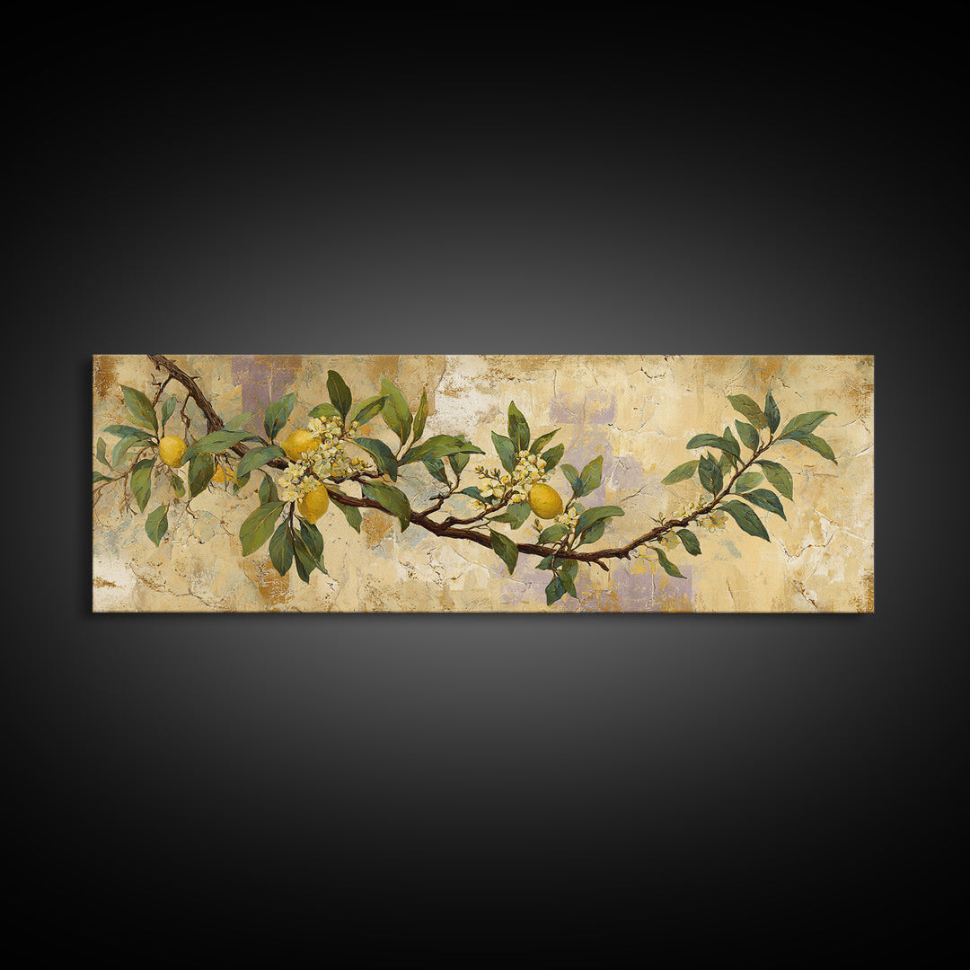 Sicilian Lemon Branch on Ivory Background Canvas Print, Mediterranean Art, Modern Wall Art, Living Room Decor, Azure, MAR-3x1-77