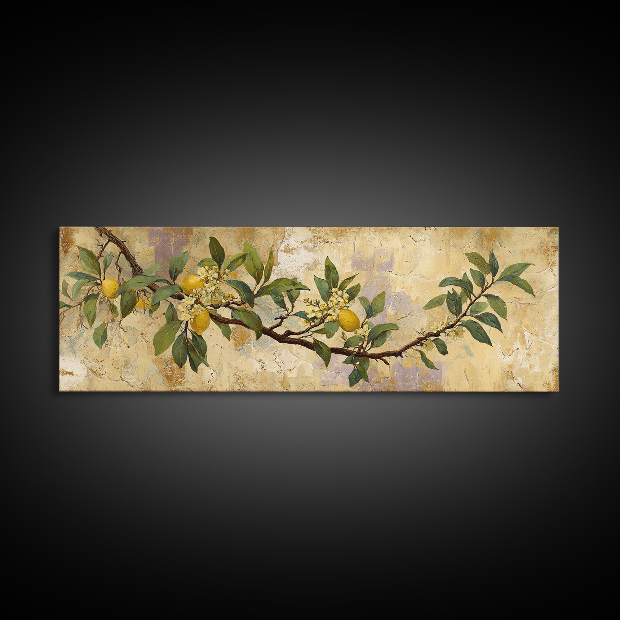 Sicilian Lemon Branch on Ivory Background Canvas Print, Mediterranean Art, Modern Wall Art, Living Room Decor, Azure, MAR-3x1-77