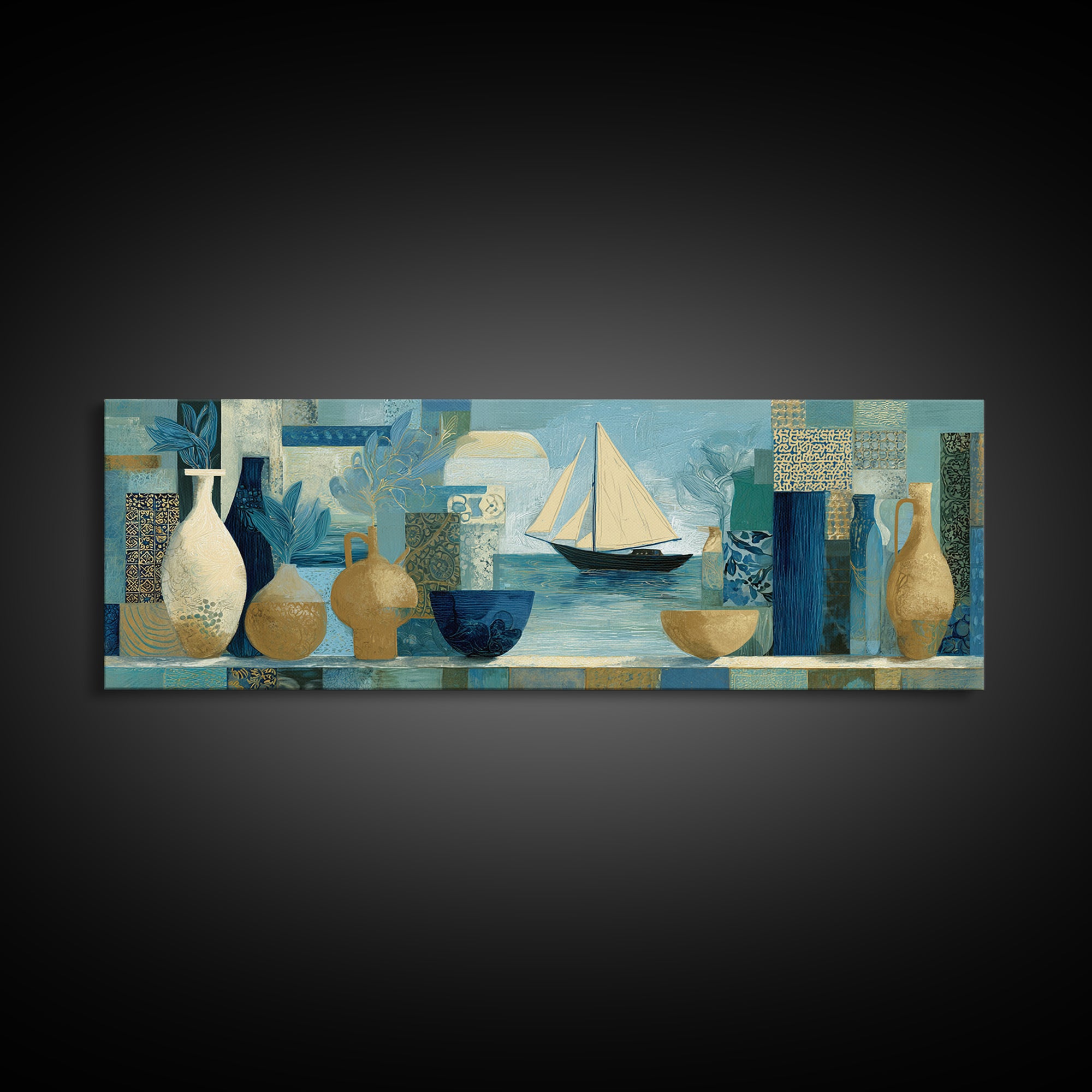 Mediterranean Sailboat on Glassy Water Framed Canvas Print, Mediterranean Art, Printable Art, Living Room Decor, Azure, MAR-3x1-82