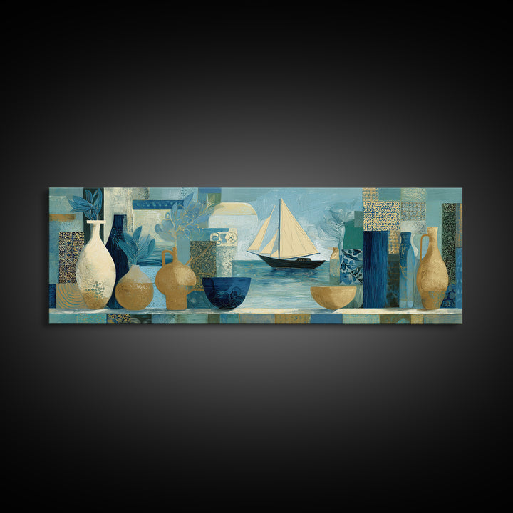 Mediterranean Sailboat on Glassy Water Framed Canvas Print, Mediterranean Art, Printable Art, Living Room Decor, Azure, MAR-3x1-82