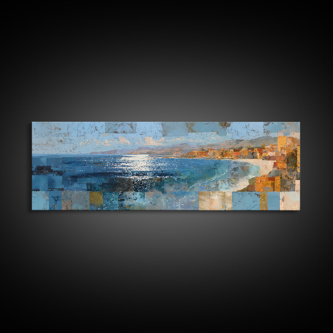 Coastal Cliffs with Sparkling Blue Water Framed Canvas Print, Mediterranean Art, Printable Wall Art, Living Room Decor, Azure, MAR-3x1-84