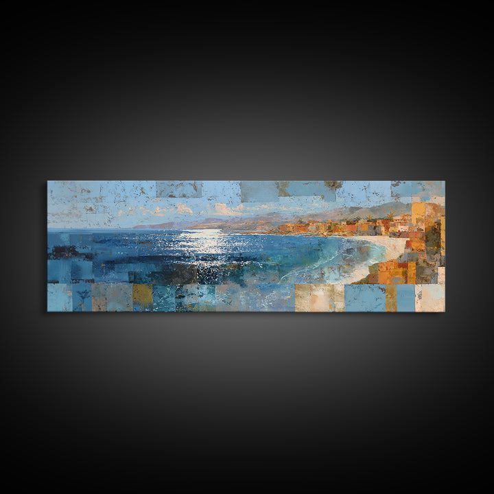 Coastal Cliffs with Sparkling Blue Water Framed Canvas Print, Mediterranean Art, Printable Wall Art, Living Room Decor, Azure, MAR-3x1-84