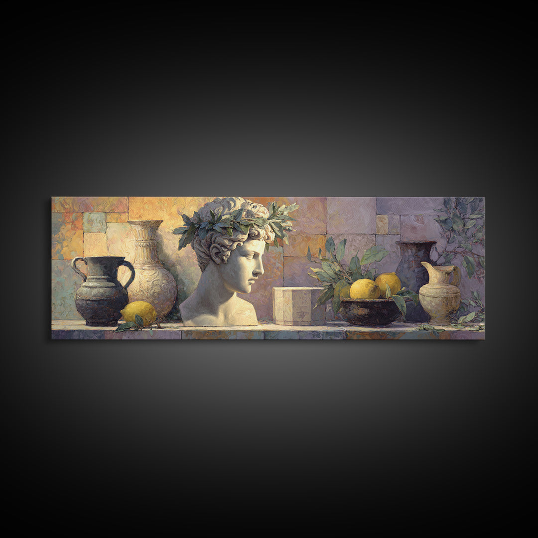 Roman Statue Bust Canvas Print, Mediterranean Art, Digital Wall Art, Living Room Decor, Watercolor Art, Azure, Coastal Wall Art, MAR-3x1-86