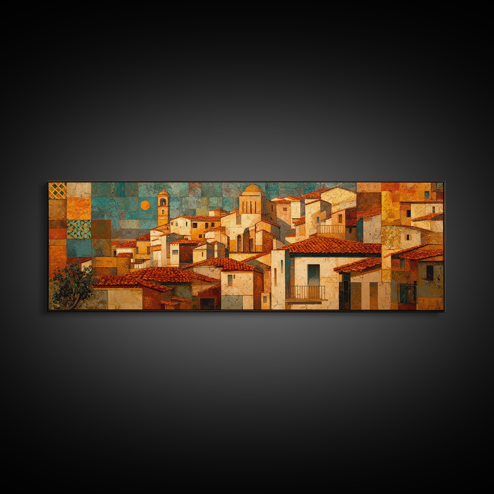 Sunset over Red Tiled Rooftops Framed Canvas Print, Mediterranean Art, Oil Painting, Living Room Decor, Fine Art, Azure, MAR-3x1-87