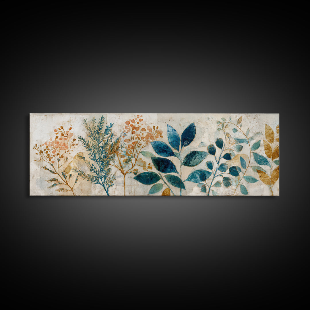 Wild Herbs Rosemary and Thyme Botanical Study Canvas Print, Mediterranean Art, Textured Painting, Living Room Decor, Azure, MAR-3x1-88