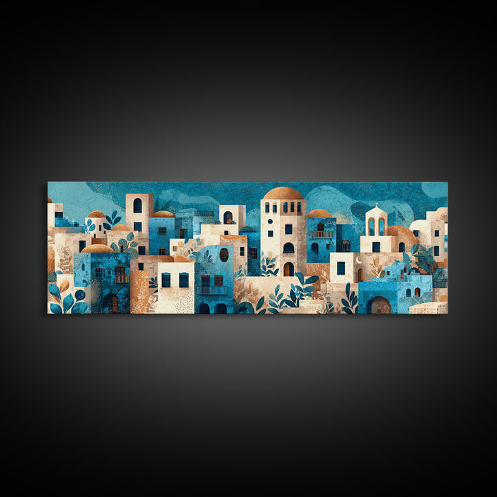 Greek Island White Buildings Above Blue Sea Canvas Print, Mediterranean Art, Landscape Painting, Living Room Decor, Azure, MAR-3x1-89
