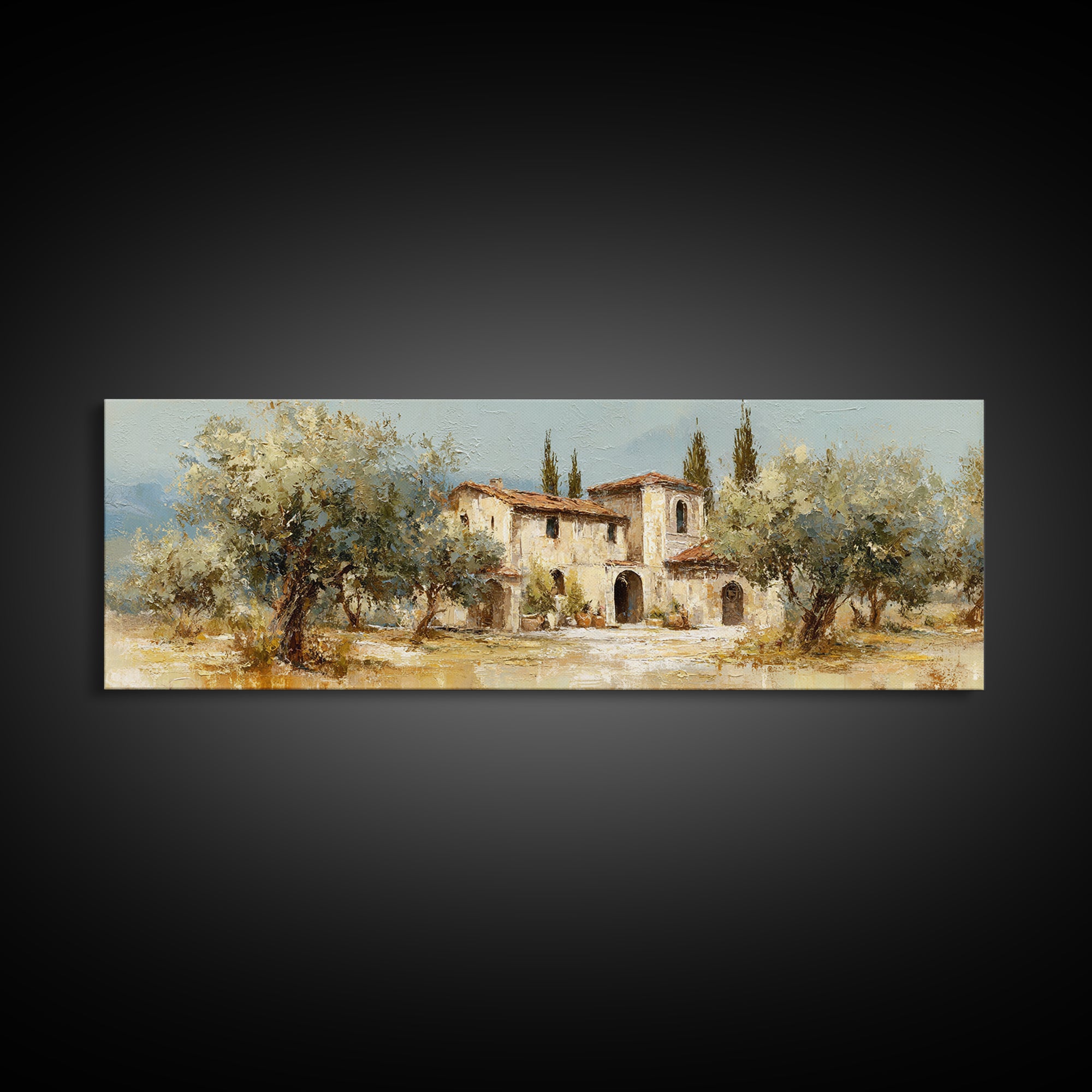 Olive Grove under Pale Morning Light Framed Canvas Print, Mediterranean Art, Oil Painting, Living Room Decor, Fine Art, Azure, MAR-3x1-9