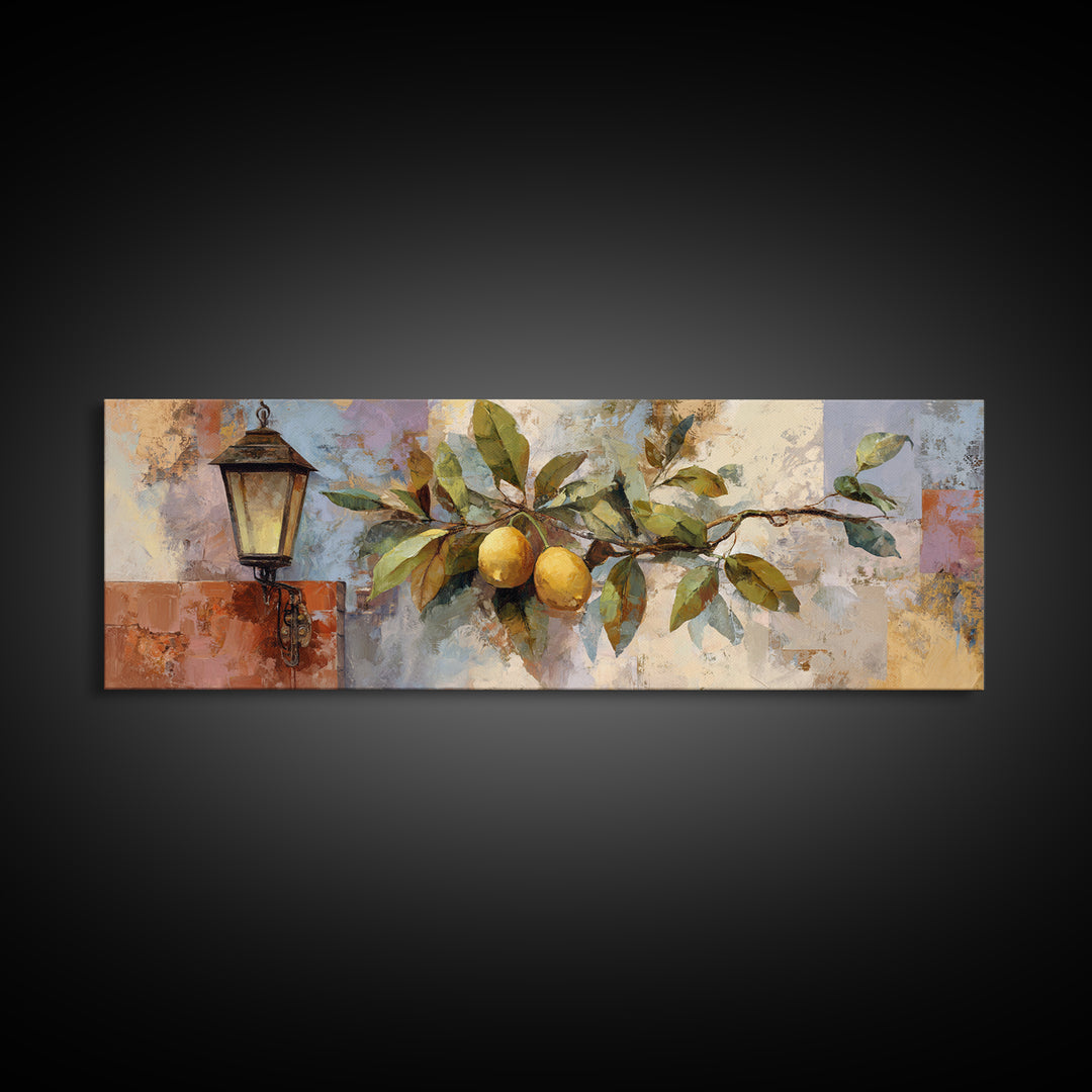 Olive Branch and Lemons on Terracotta Ground Framed Canvas Print, Mediterranean Art, Nautical Decor, Living Room Decor, Azure, MAR-3x1-90