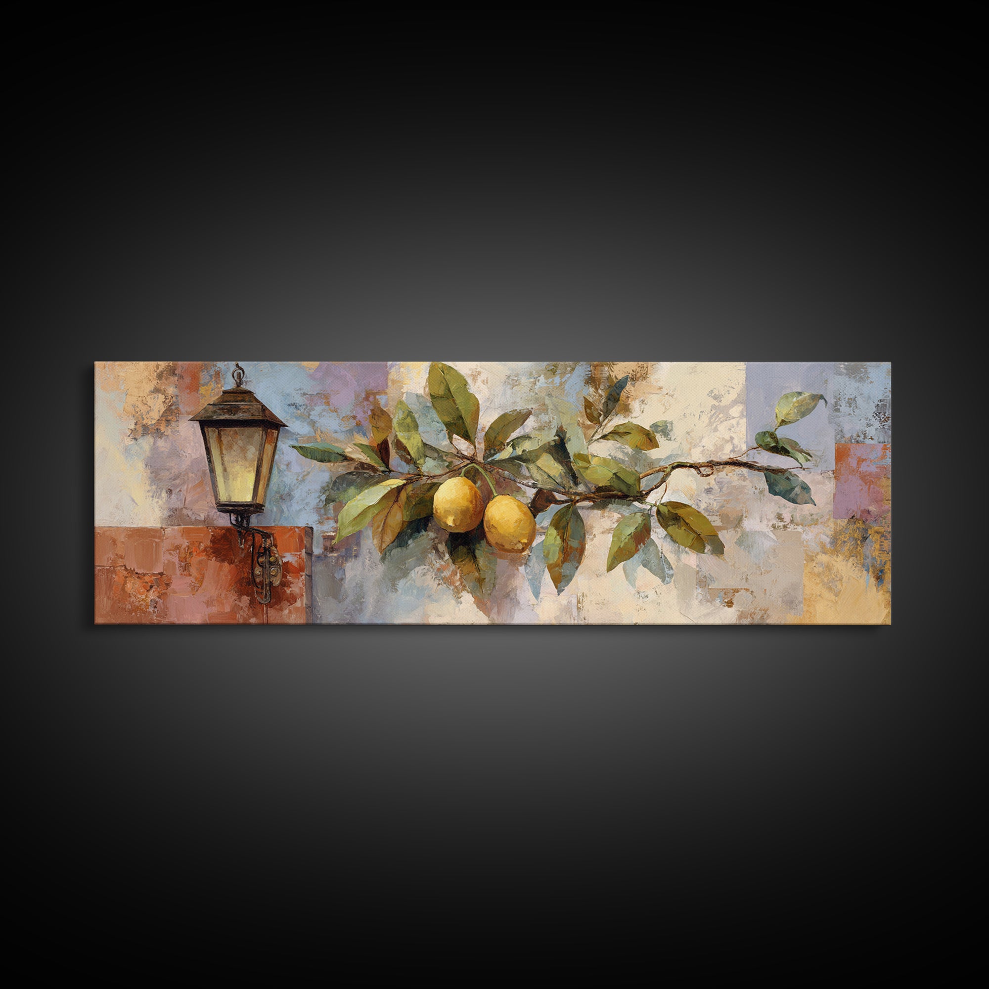 Olive Branch and Lemons on Terracotta Ground Framed Canvas Print, Mediterranean Art, Nautical Decor, Living Room Decor, Azure, MAR-3x1-90