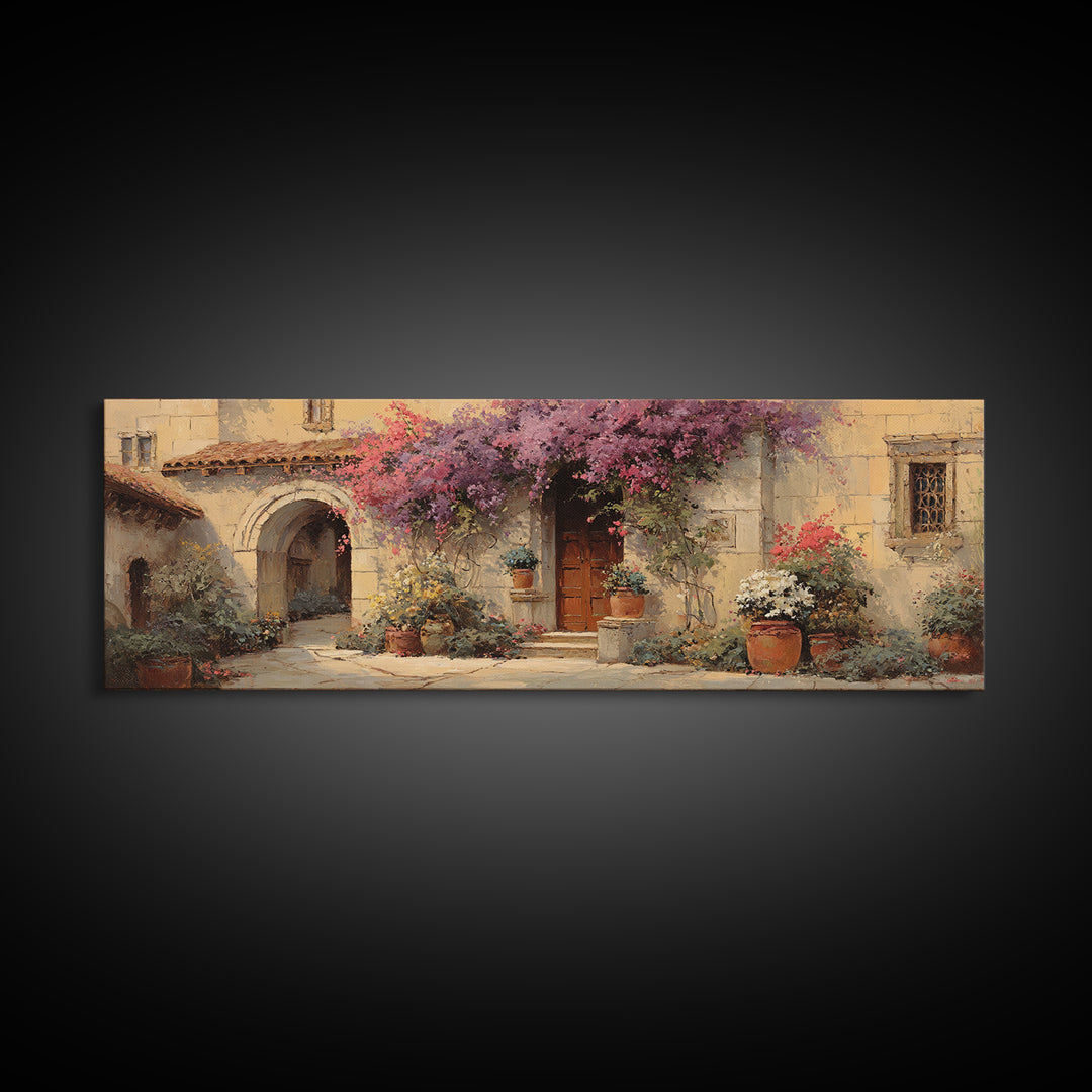 Bougainvillea Cascading over Stone Wall Canvas Print, Mediterranean Art, Coastal Art, Living Room Decor, Fine Art, Azure, MAR-3x1-93