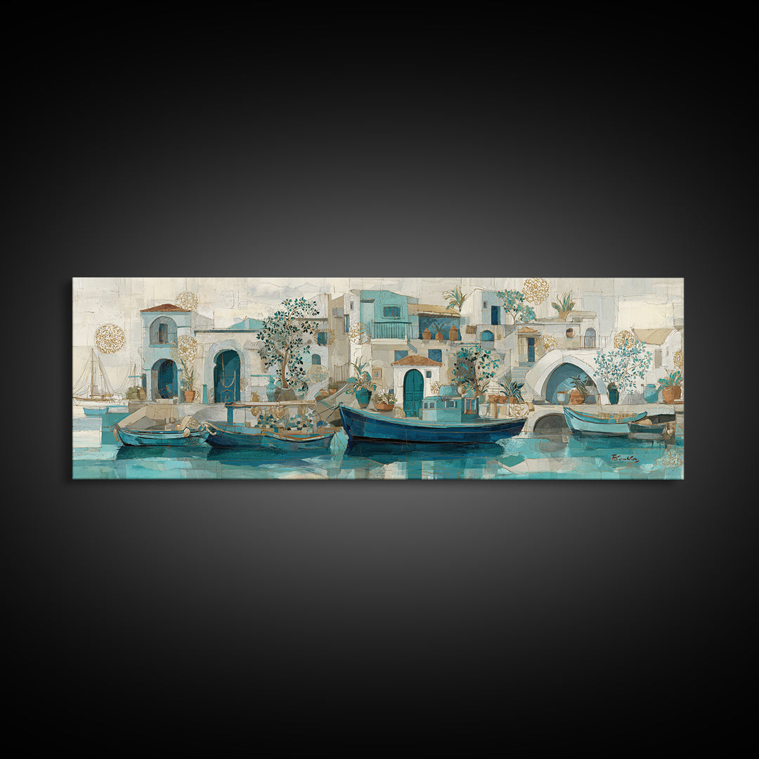 Coastal Fishing Boats Canvas Print, Mediterranean Art, Gallery Decor, Living Room Decor, Oil Painting, Azure, Minimalist Decor, MAR-3x1-95