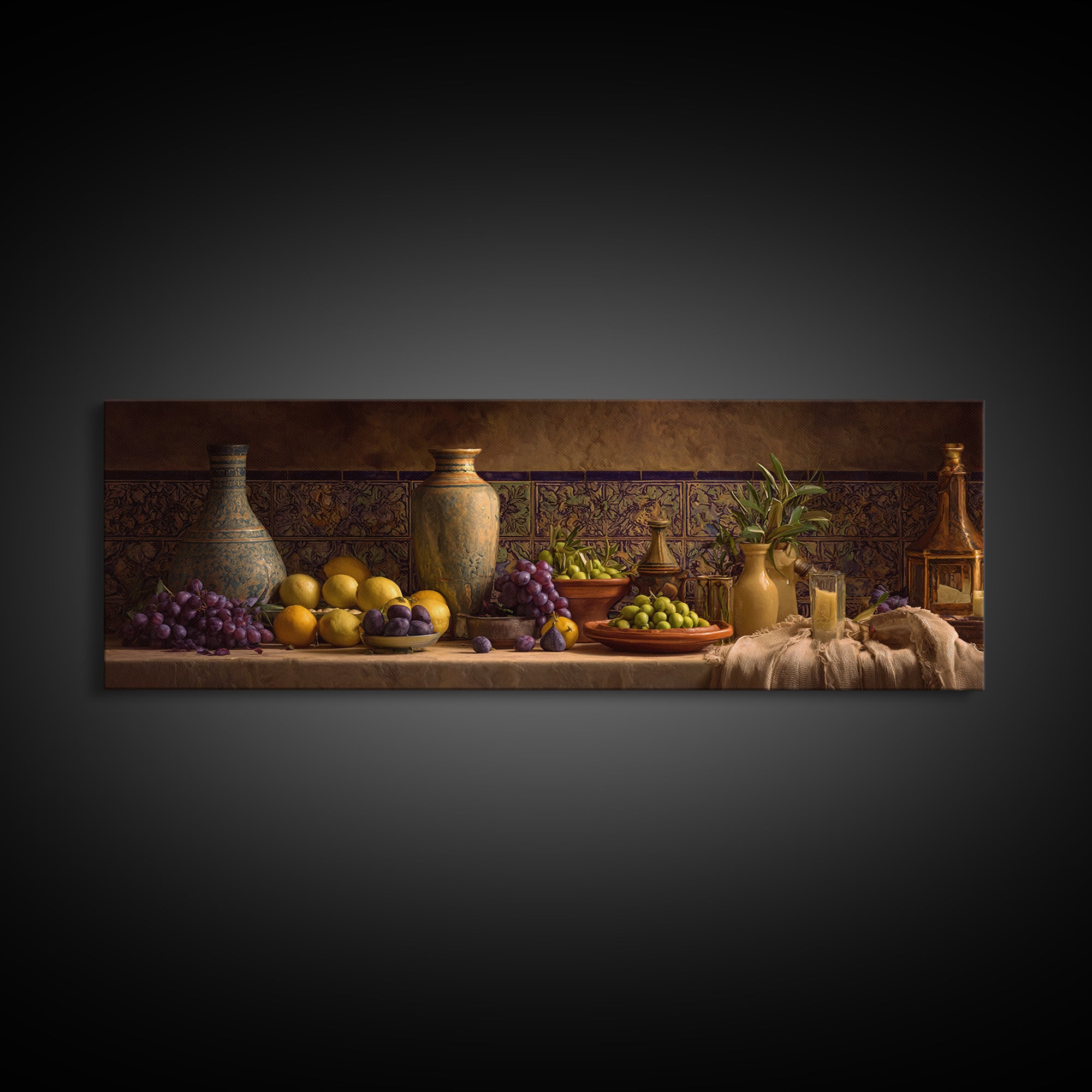 Figs Olives and Cheese Still Life Canvas Print, Mediterranean Art, Gallery Wall Art, Living Room Decor, Fine Art, Azure, MAR-3x1-96