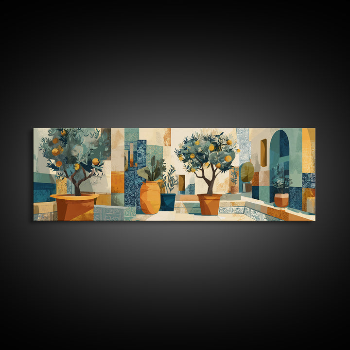Citrus Tree in Clay Pot Canvas Print, Mediterranean Art, Digital Art Prints, Living Room Decor, Fine Art, Azure, Travel Poster, MAR-3x1-98