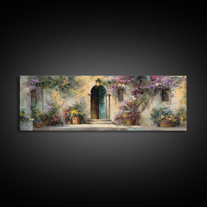 Sunlit Courtyard Doorway Framed Canvas Print, Mediterranean Art, Wall Decor, Living Room Decor, Oil Painting, Azure, MAR-3x1-99