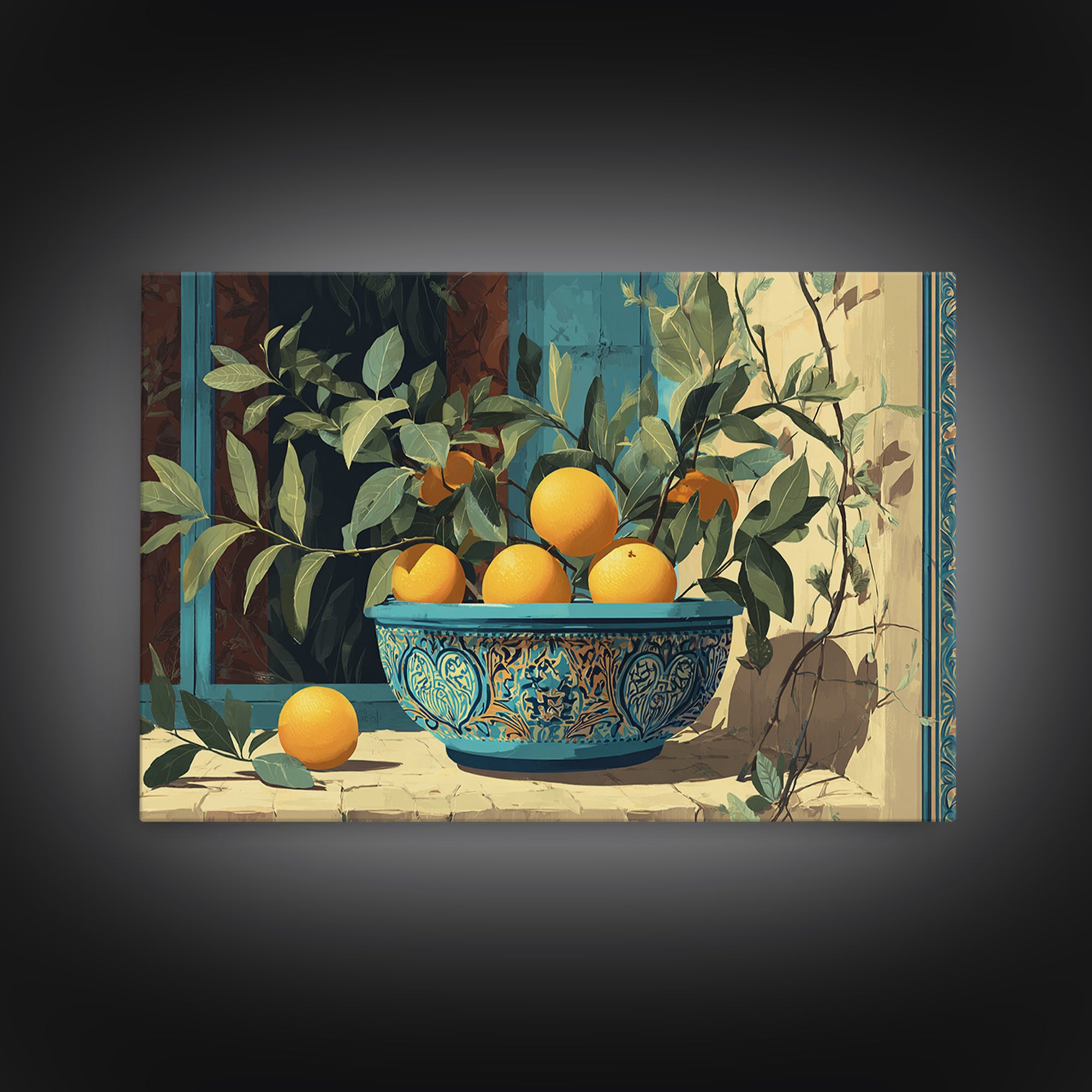 Ceramic Bowl of Oranges and Leaves Canvas Print, Mediterranean Art, Large Wall Art, Living Room Decor, Fine Art, Azure, MAR-3x2-1
