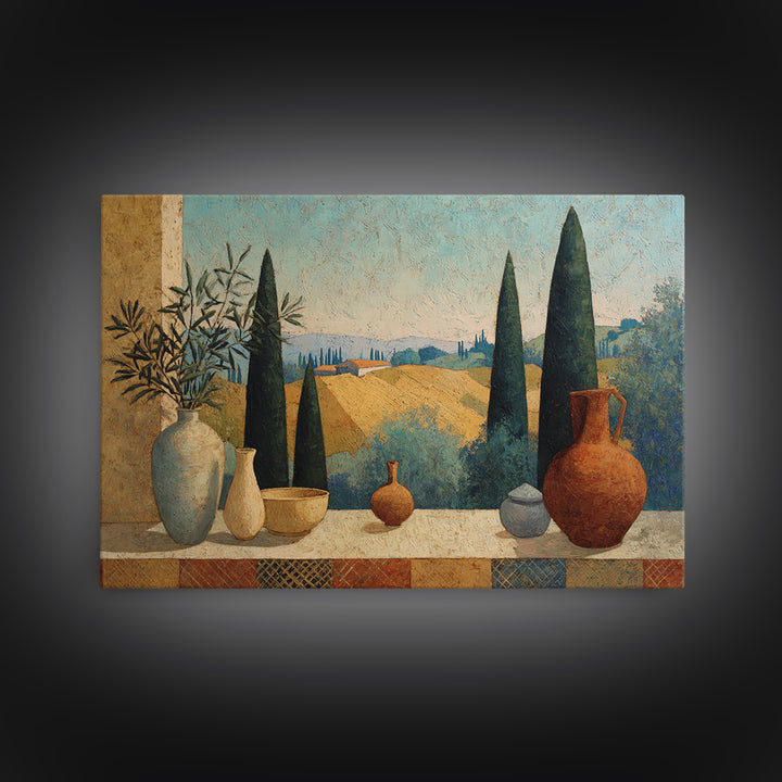 Tuscan Cypress Trees and Golden Hillside Framed Canvas Print, Mediterranean Art, Framed Wall Art, Living Room Decor, Azure, MAR-3x2-10