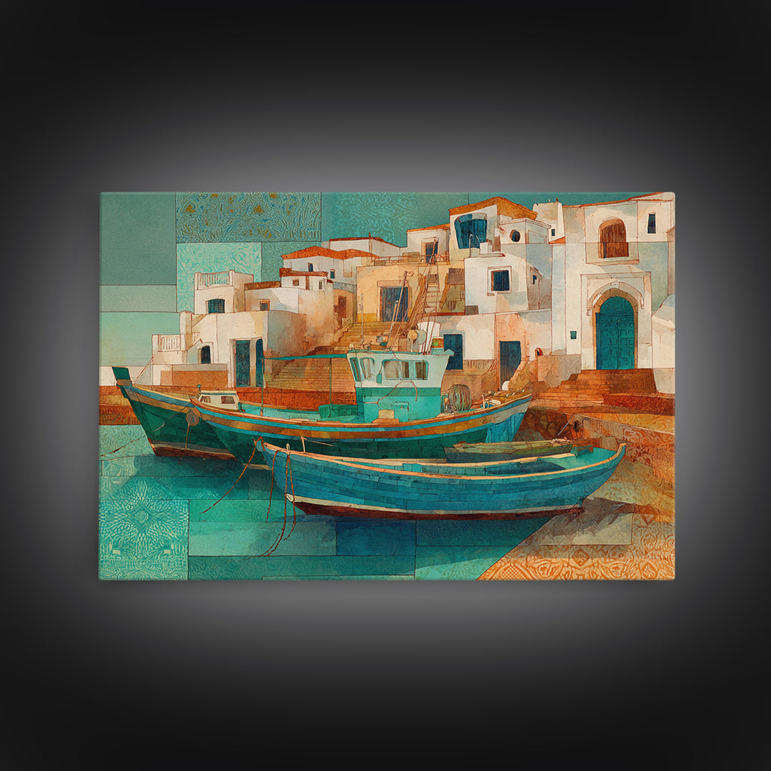 Coastal Fishing Boats Canvas Print, Mediterranean Art, Farmhouse Decor, Living Room Decor, Fine Art, Azure, Landscape Painting, MAR-3x2-11