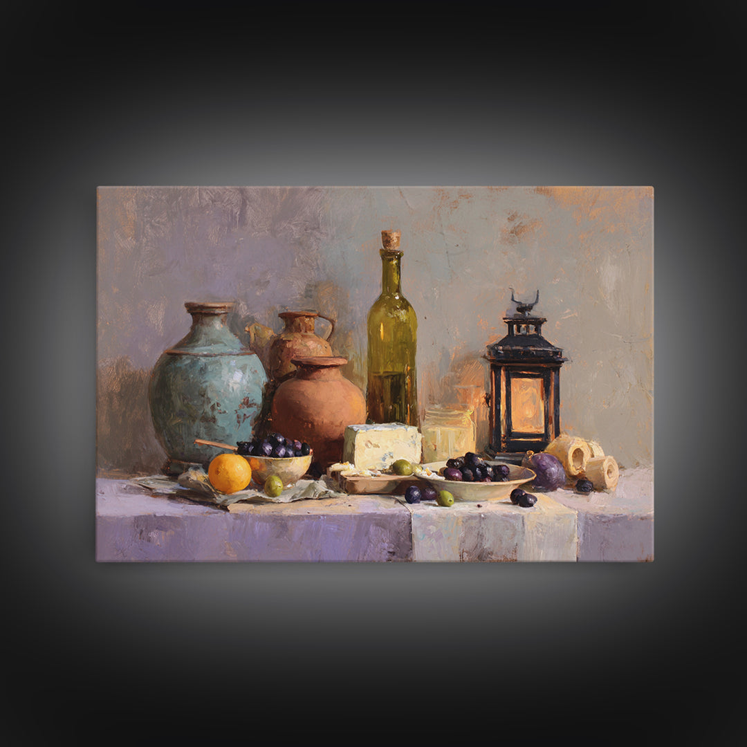 Figs Olives and Cheese Still Life Canvas Print, Mediterranean Art, Oil Painting, Living Room Decor, Azure, Nautical Decor, MAR-3x2-12