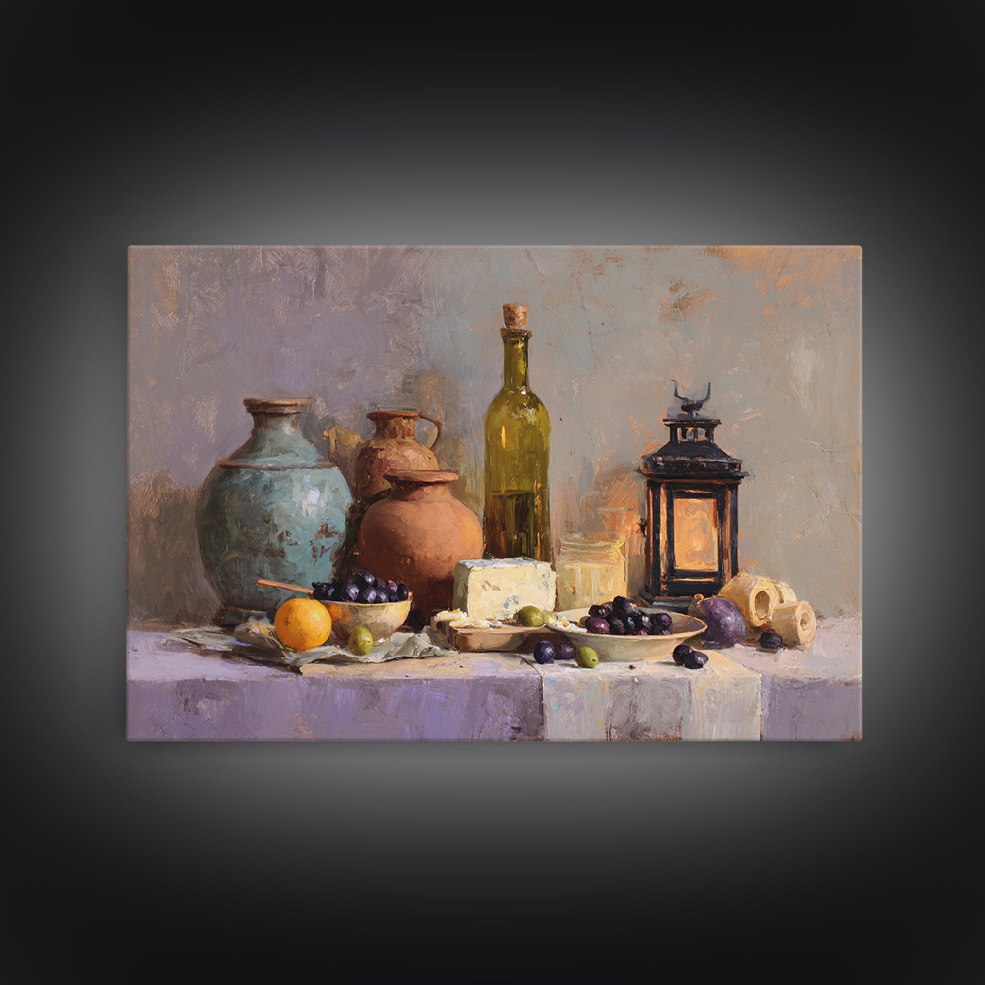 Figs Olives and Cheese Still Life Canvas Print, Mediterranean Art, Oil Painting, Living Room Decor, Azure, Nautical Decor, MAR-3x2-12