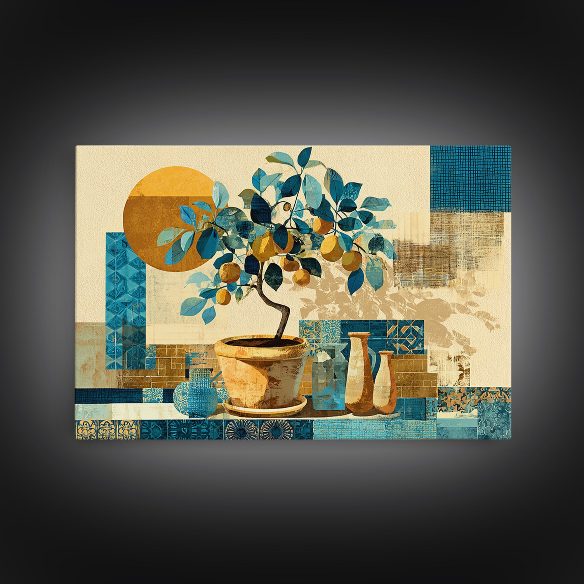 Citrus Tree in Clay Pot Framed Canvas Print, Mediterranean Art, Printable Wall Art, Living Room Decor, Fine Art, Azure, MAR-3x2-14