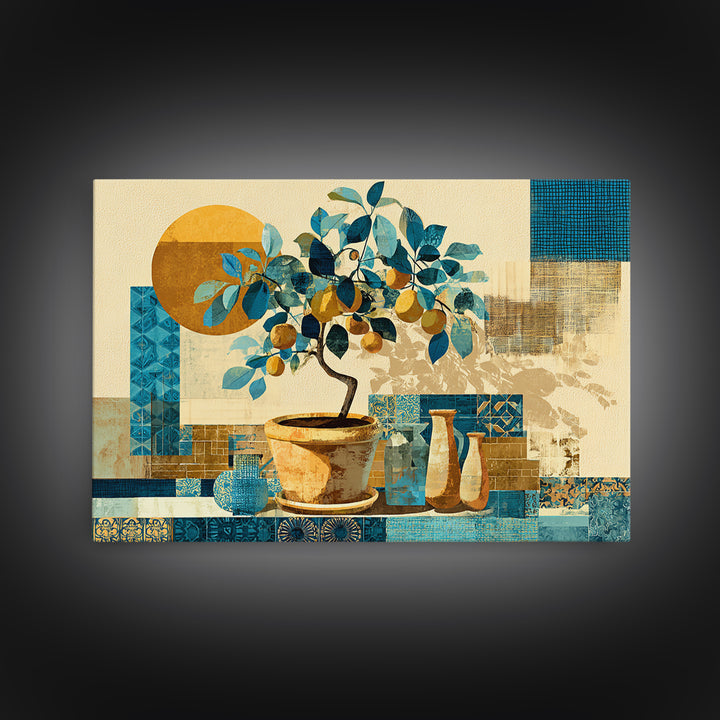 Citrus Tree in Clay Pot Framed Canvas Print, Mediterranean Art, Printable Wall Art, Living Room Decor, Fine Art, Azure, MAR-3x2-14