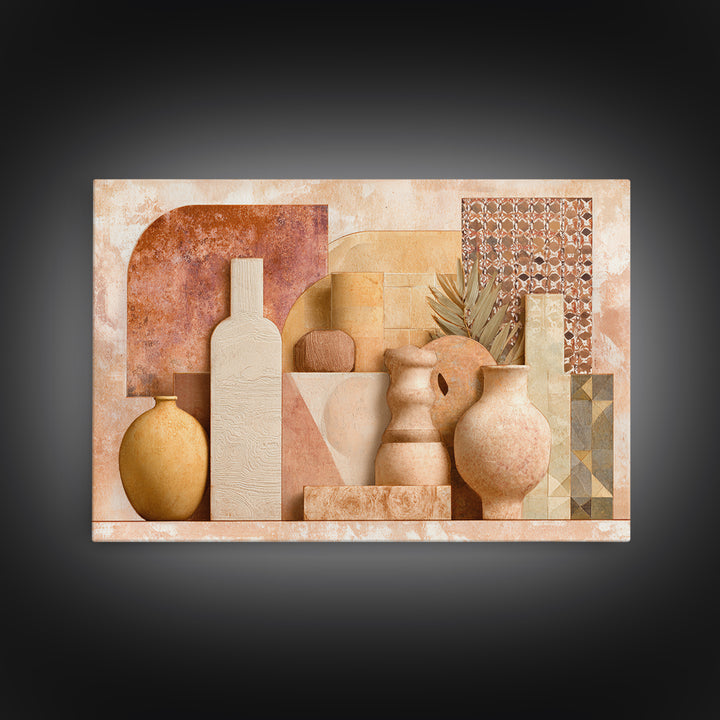 Warm Terra Cotta Abstract Landscape Framed Canvas Print, Mediterranean Art, Original Painting, Living Room Decor, Azure, MAR-3x2-18