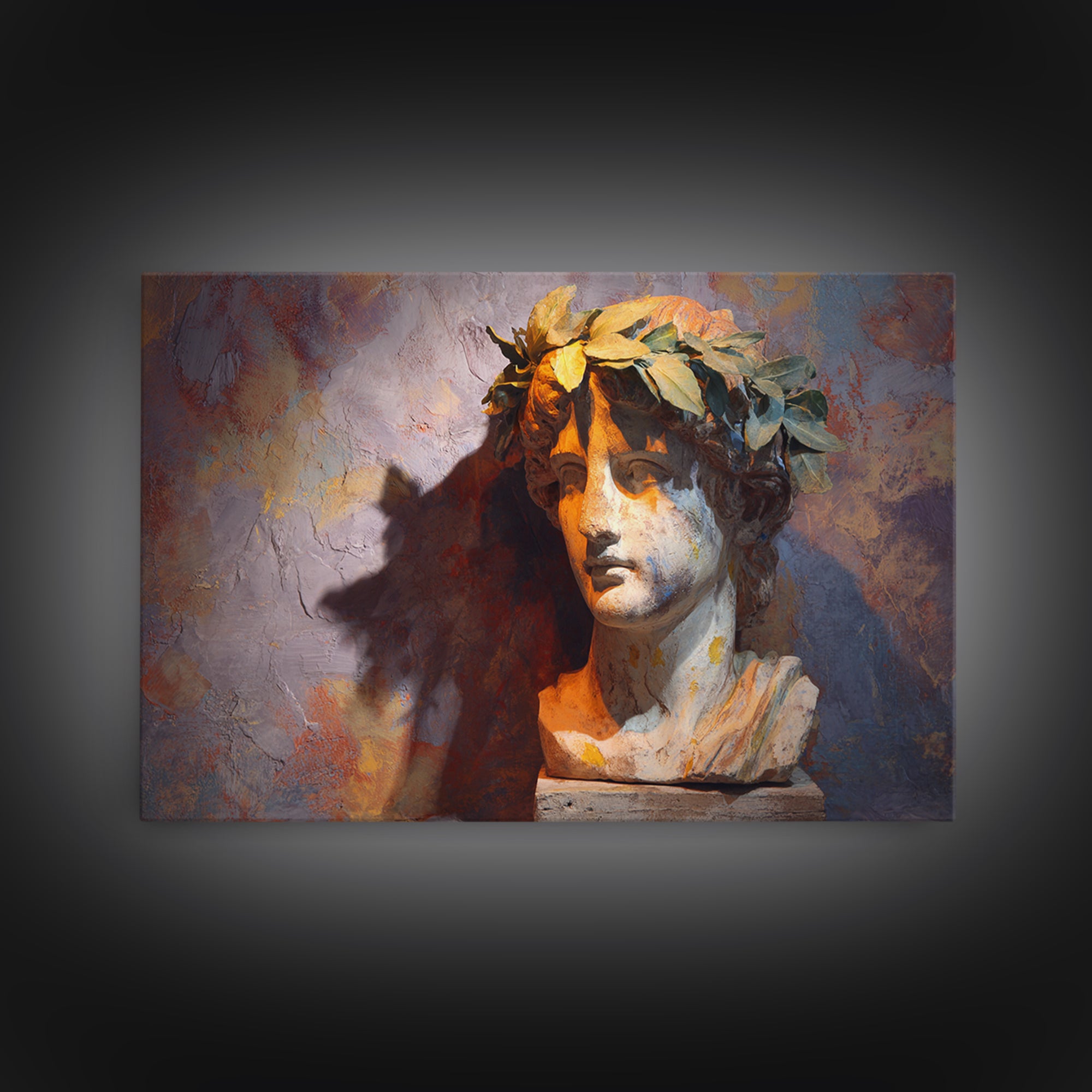 Roman Statue Bust Framed Canvas Print, Mediterranean Art, Minimalist Decor, Living Room Decor, Azure, Horizontal Wall Art, MAR-3x2-2