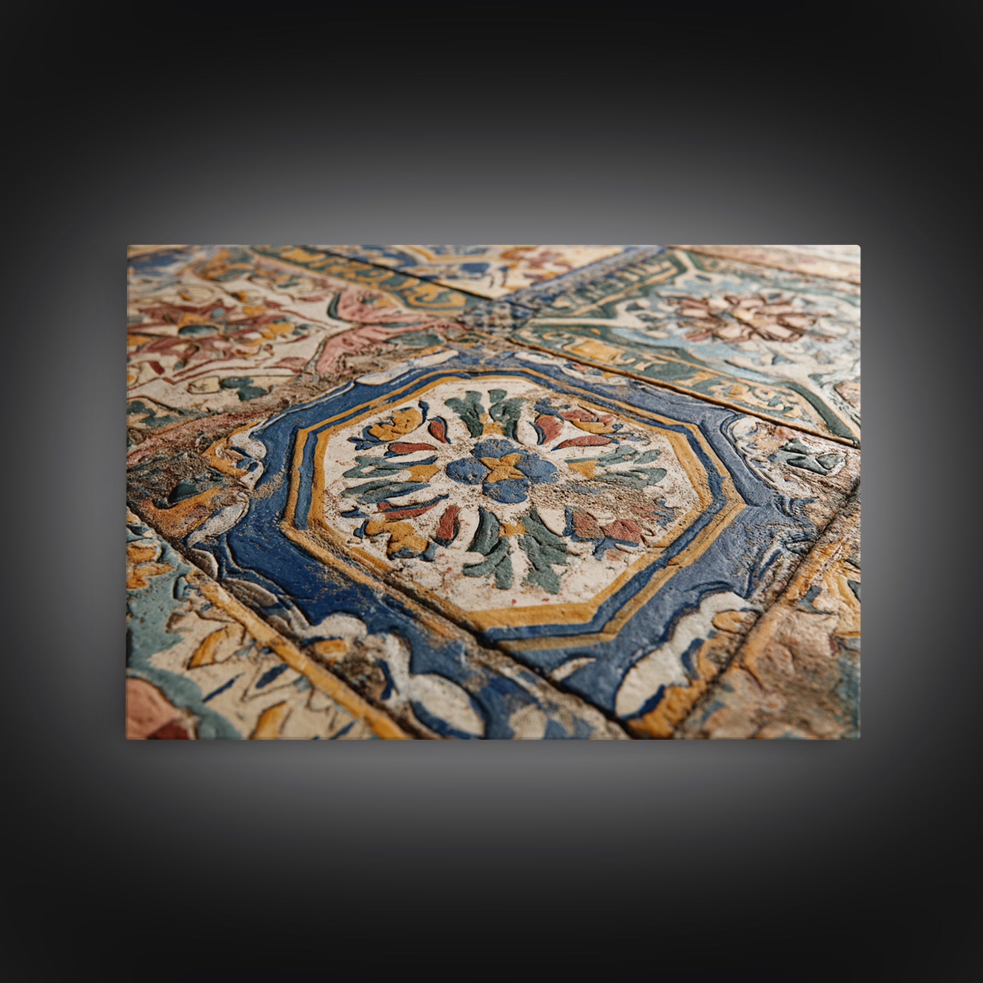 Spanish Tile Ornament Framed Canvas Print, Mediterranean Art, Large Wall Art, Living Room Decor, Azure, Digital Art Prints, MAR-3x2-20