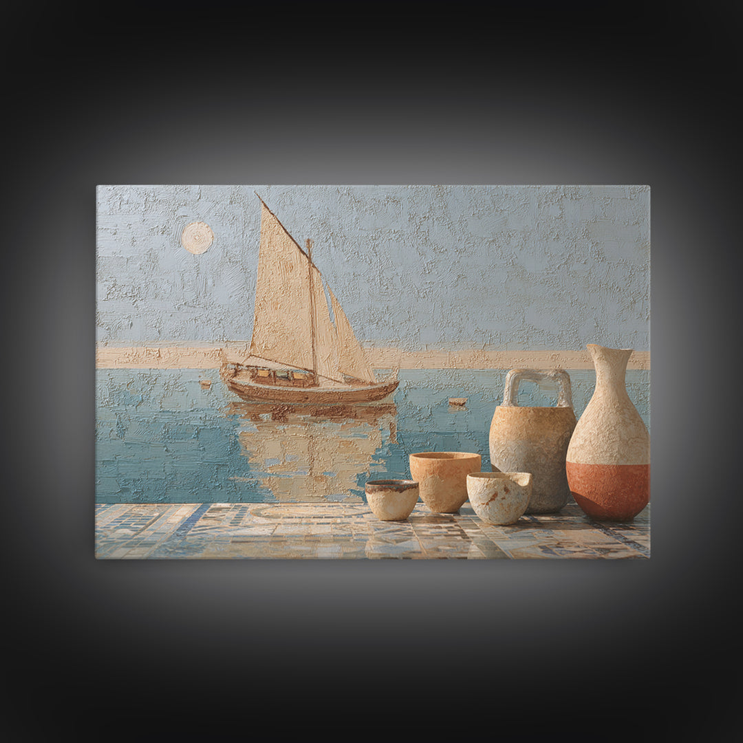Mediterranean Sailboat on Glassy Water Canvas Print, Mediterranean Art, Oil Painting, Living Room Decor, Azure, Nautical Decor, MAR-3x2-22