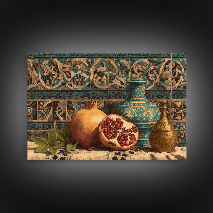 Pomegranate Still Life Framed Canvas Print, Mediterranean Art, Framed Wall Art, Living Room Decor, Azure, Watercolor Art, MAR-3x2-23