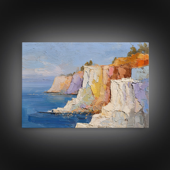 Coastal Cliffs with Sparkling Blue Water Framed Canvas Print, Mediterranean Art, Framed Wall Art, Living Room Decor, Azure, MAR-3x2-24