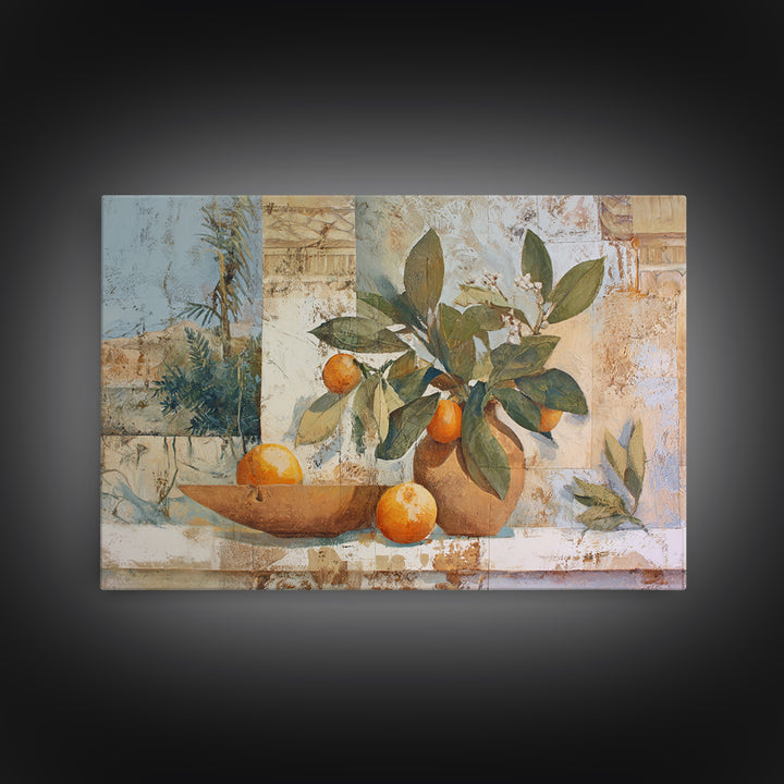 Ceramic Bowl of Oranges and Leaves Framed Canvas Print, Mediterranean Art, Horizontal Wall Art, Living Room Decor, Abstract Art, MAR-3x2-25