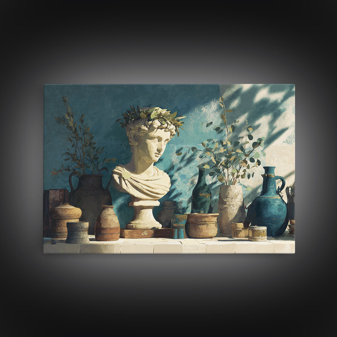 Roman Statue Bust Canvas Print, Mediterranean Art, Digital Wall Art, Living Room Decor, Watercolor Art, Azure, Coastal Wall Art, MAR-3x2-26