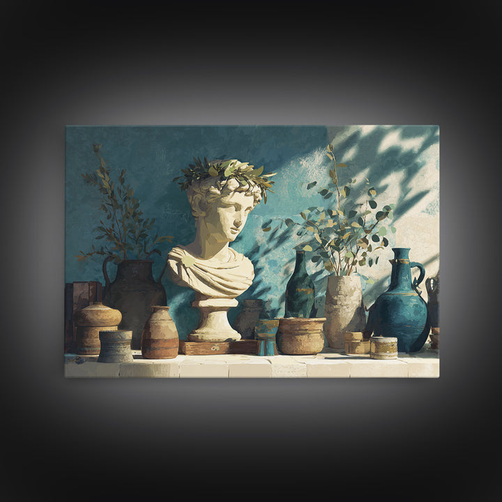 Roman Statue Bust Canvas Print, Mediterranean Art, Digital Wall Art, Living Room Decor, Watercolor Art, Azure, Coastal Wall Art, MAR-3x2-26