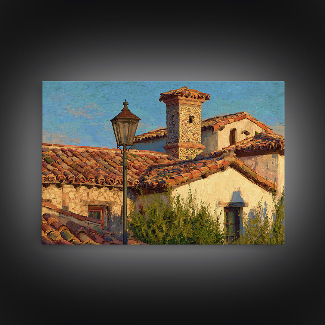Sunset over Red Tiled Rooftops Framed Canvas Print, Mediterranean Art, Printable Art, Living Room Decor, Fine Art, Azure, MAR-3x2-27