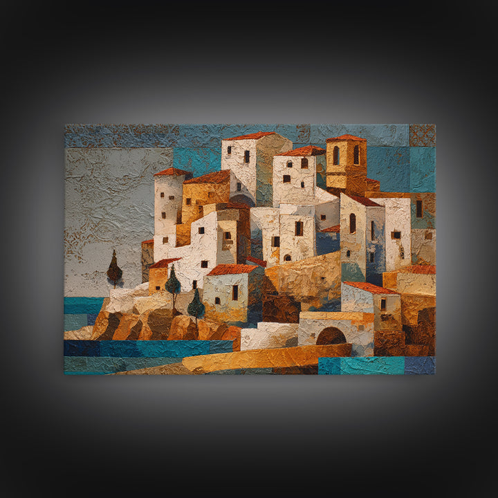 Greek Island White Buildings Above Blue Sea Canvas Print, Mediterranean Art, Digital Art Prints, Living Room Decor, Azure, MAR-3x2-29