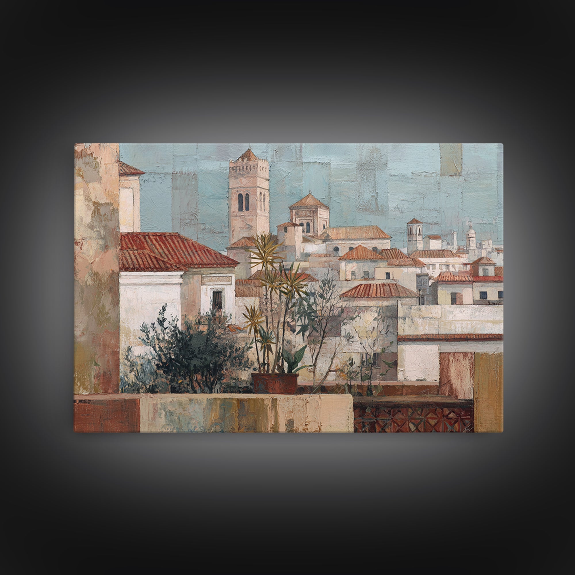 Sunset over Red Tiled Rooftops Canvas Print, Mediterranean Art, Original Painting, Living Room Decor, Fine Art, Azure, MAR-3x2-3